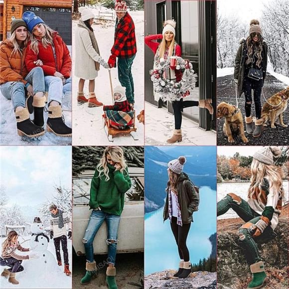 Women's Winter Boots Slip On Mid Chunky Heel Suede Warm Snow Ankle Boots, Black - Picture 5 of 5